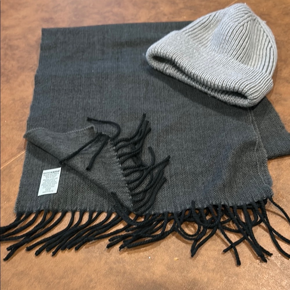 Dockers Gray Scarf with Black Fringe and free never worn beanie hat